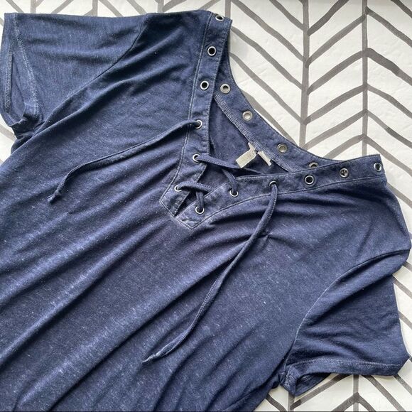 Cato Navy Blue Lace Up V-Neck Tee - Picture 1 of 4